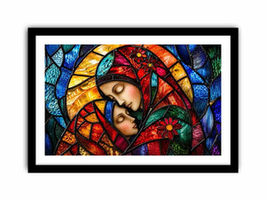 Colorful stained glass style artwork featuring a loving mother gently embracing her sleeping child