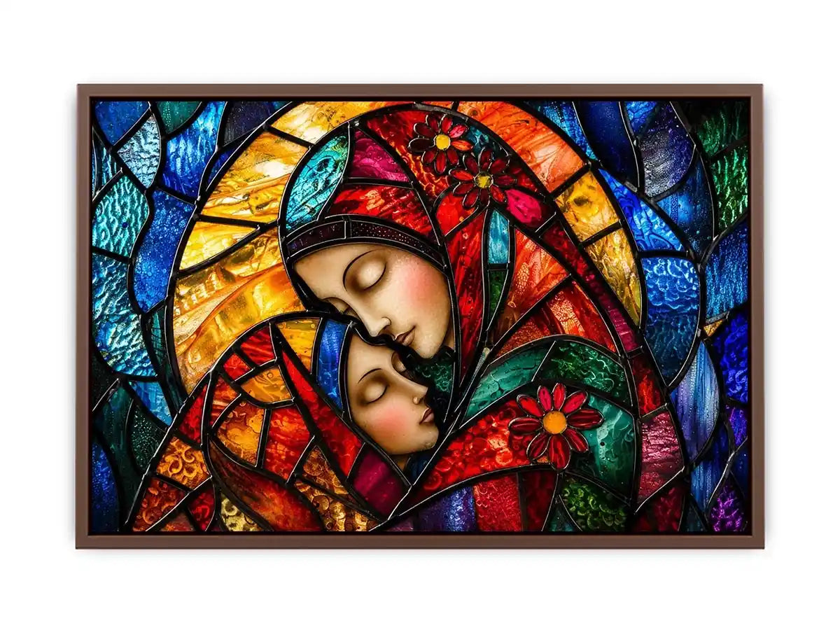 Colorful stained glass style artwork featuring a loving mother gently embracing her sleeping child