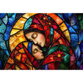 Colorful stained glass style artwork featuring a loving mother gently embracing her sleeping child