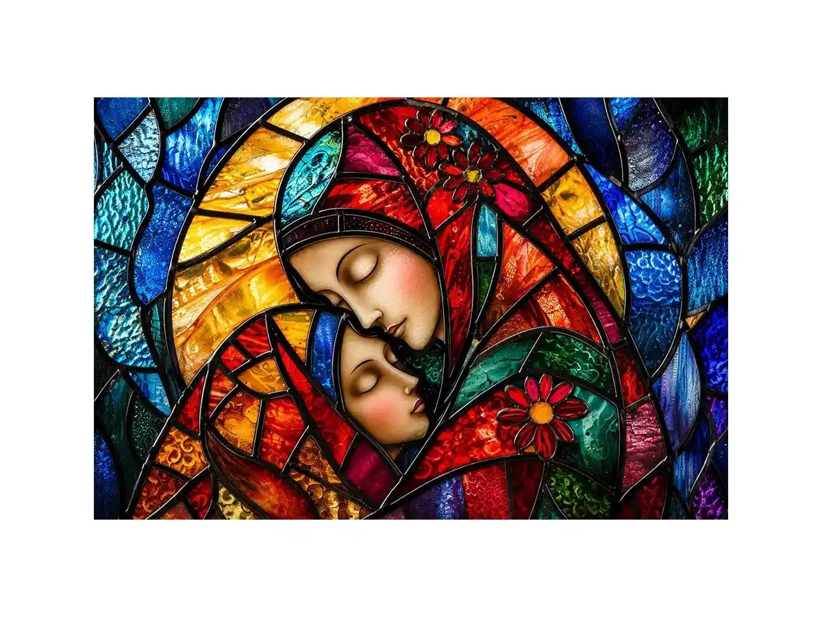 Colorful stained glass style artwork featuring a loving mother gently embracing her sleeping child