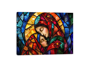 Colorful stained glass style artwork featuring a loving mother gently embracing her sleeping child
