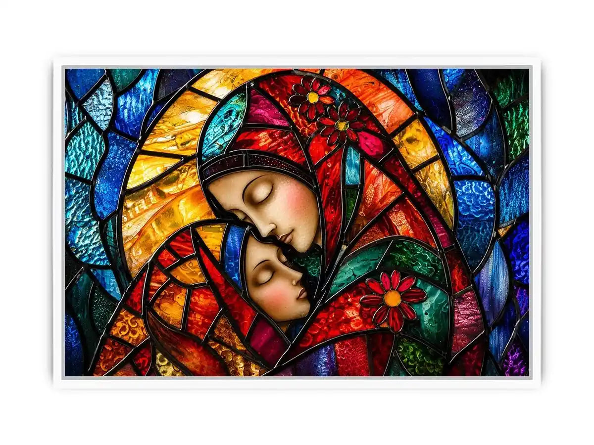 Colorful stained glass style artwork featuring a loving mother gently embracing her sleeping child