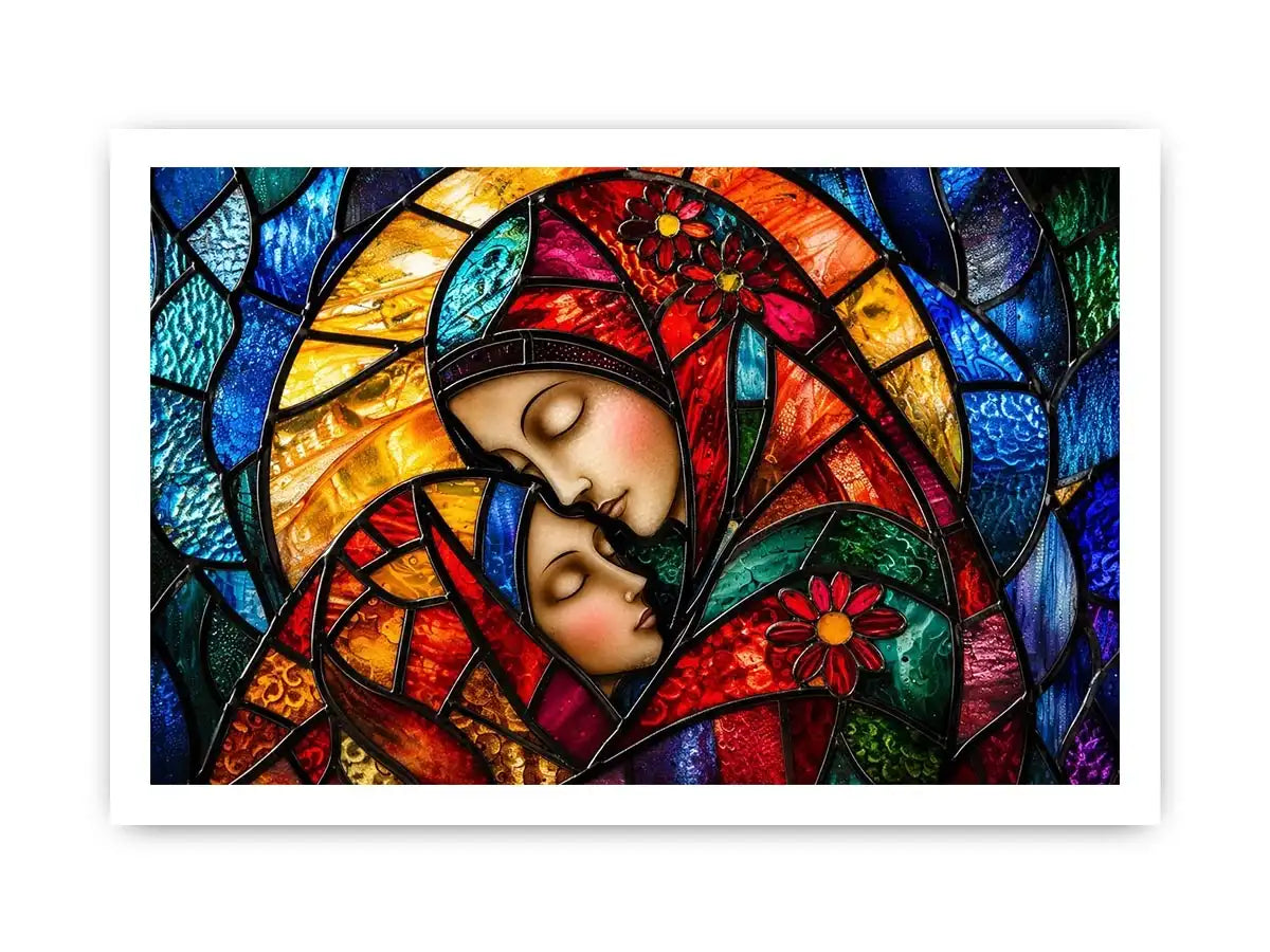 Colorful stained glass style artwork featuring a loving mother gently embracing her sleeping child