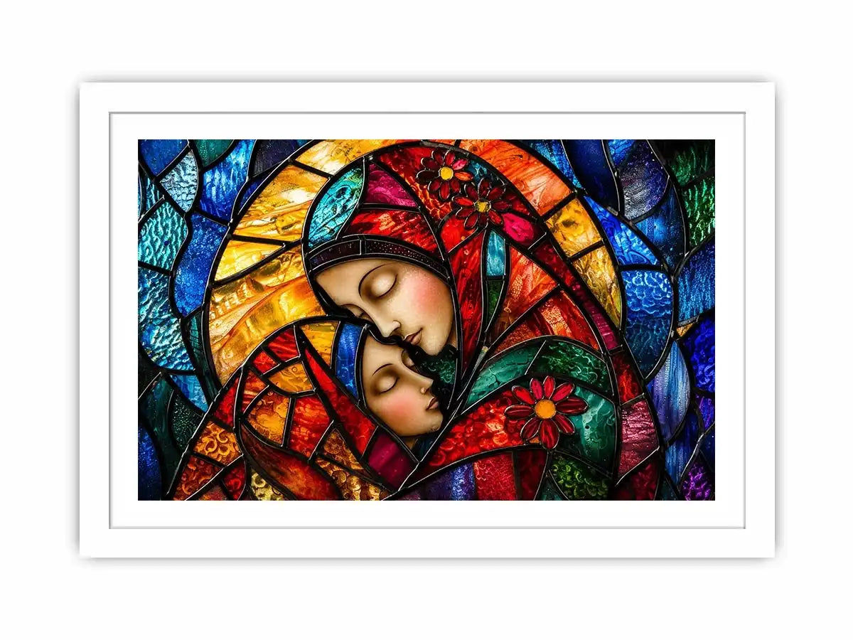 Colorful stained glass style artwork featuring a loving mother gently embracing her sleeping child