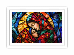 Colorful stained glass style artwork featuring a loving mother gently embracing her sleeping child