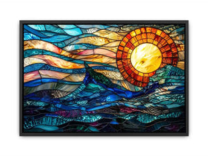 Abstract stained glass style artwork featuring glowing sunlight above flowing blue ocean waves