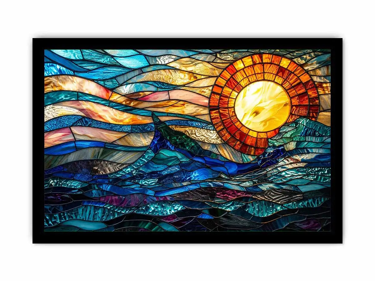 Abstract stained glass style artwork featuring glowing sunlight above flowing blue ocean waves