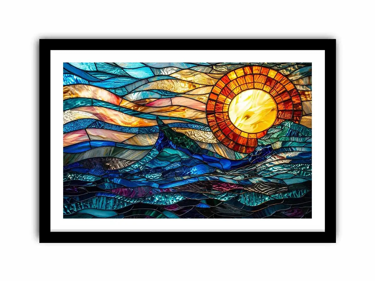 Abstract stained glass style artwork featuring glowing sunlight above flowing blue ocean waves