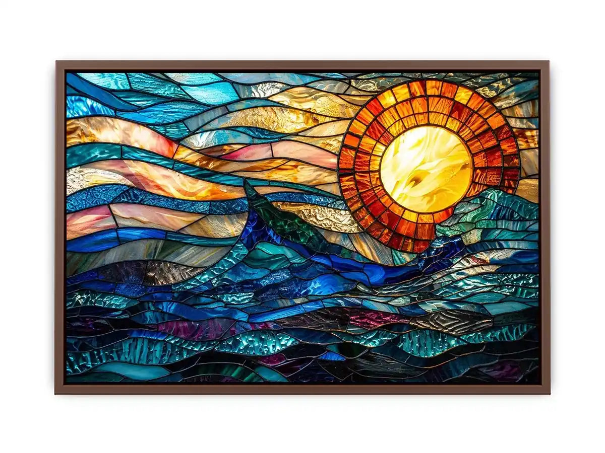 Abstract stained glass style artwork featuring glowing sunlight above flowing blue ocean waves