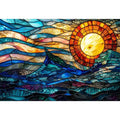 Abstract stained glass style artwork featuring glowing sunlight above flowing blue ocean waves