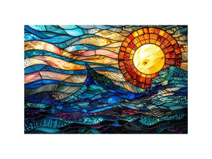 Abstract stained glass style artwork featuring glowing sunlight above flowing blue ocean waves