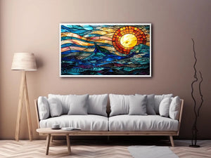Abstract stained glass style artwork featuring glowing sunlight above flowing blue ocean waves