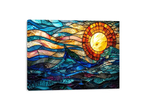 Abstract stained glass style artwork featuring glowing sunlight above flowing blue ocean waves