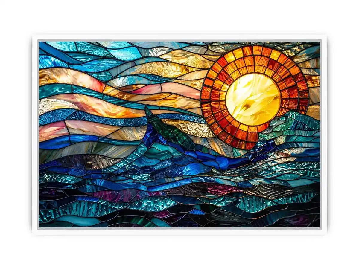 Abstract stained glass style artwork featuring glowing sunlight above flowing blue ocean waves