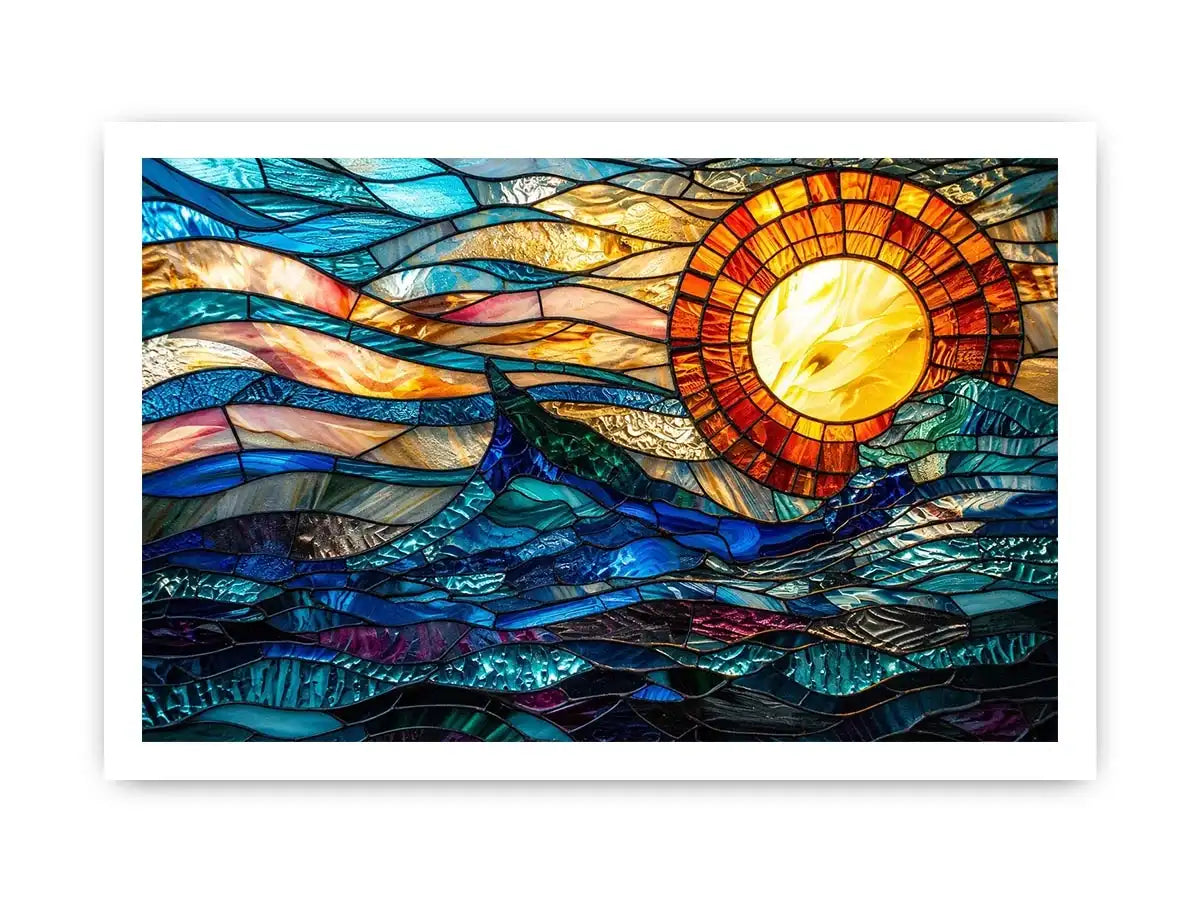 Abstract stained glass style artwork featuring glowing sunlight above flowing blue ocean waves