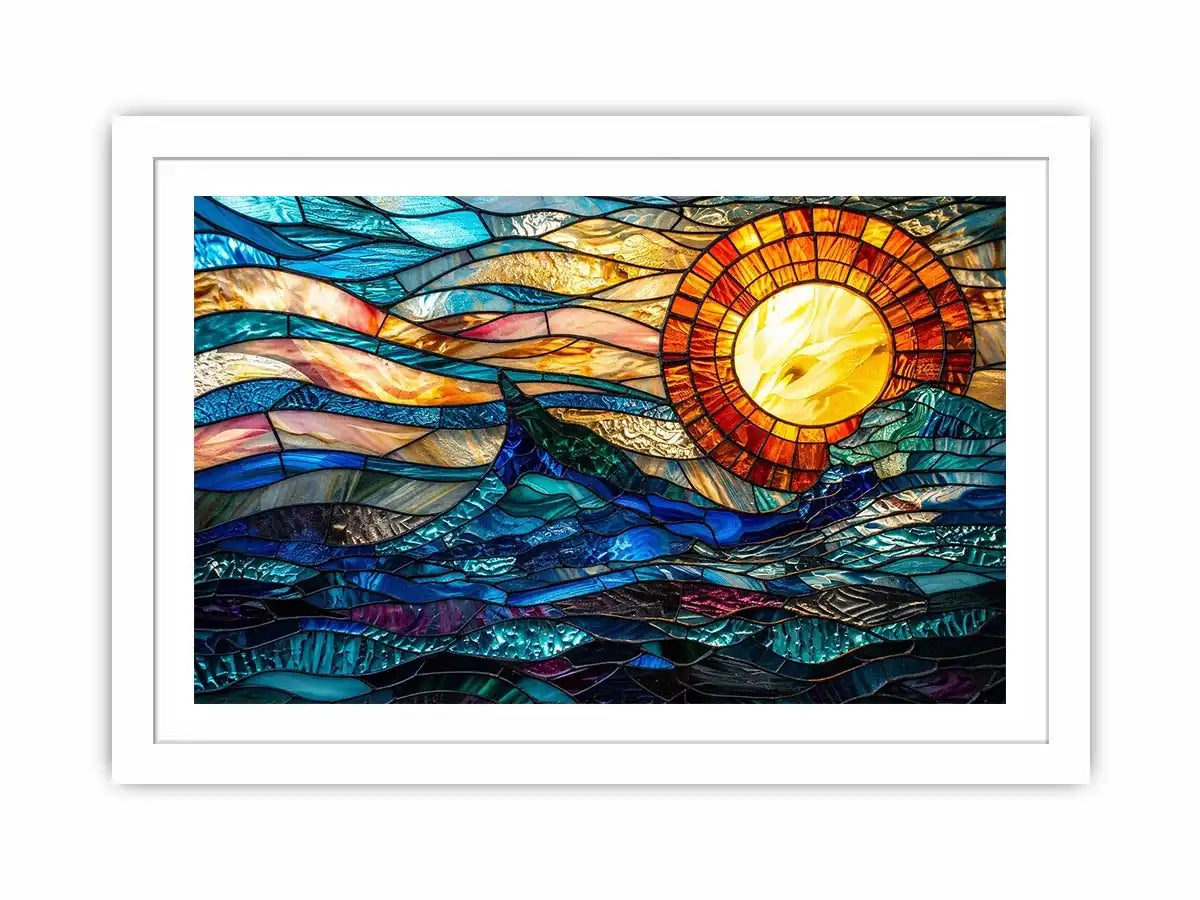 Abstract stained glass style artwork featuring glowing sunlight above flowing blue ocean waves