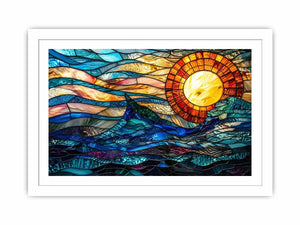 Abstract stained glass style artwork featuring glowing sunlight above flowing blue ocean waves
