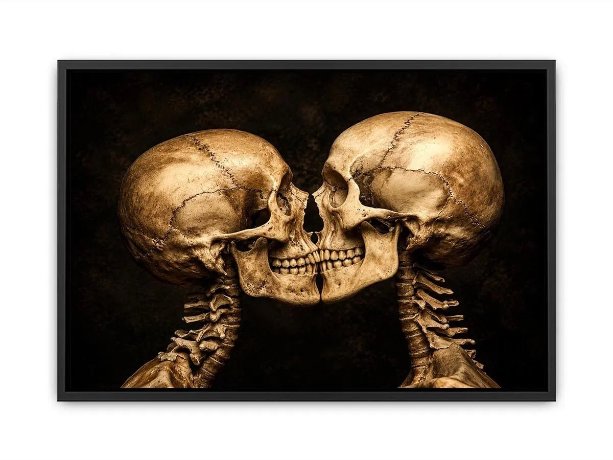 Dark gothic artwork featuring two human skeletons facing each other in an intimate kiss