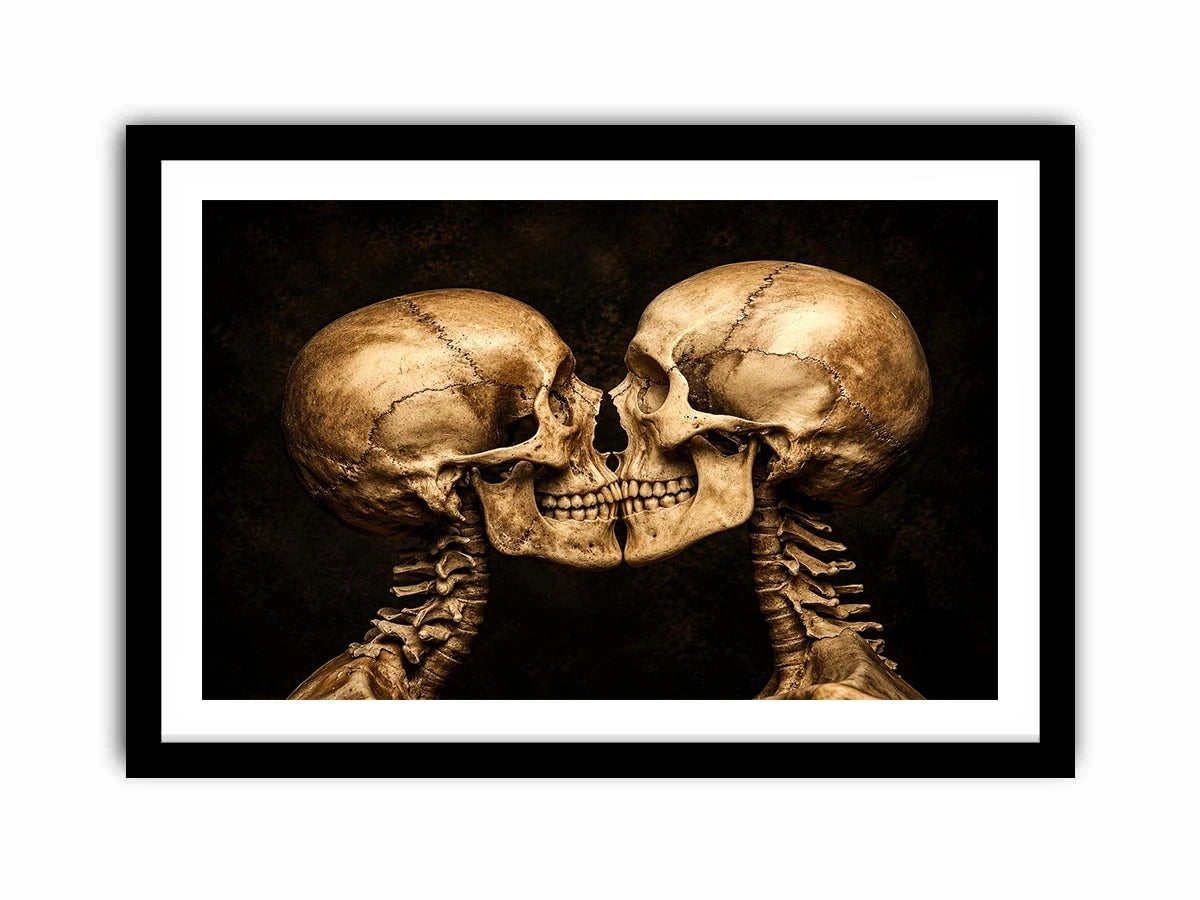 Dark gothic artwork featuring two human skeletons facing each other in an intimate kiss