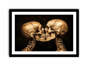 Dark gothic artwork featuring two human skeletons facing each other in an intimate kiss
