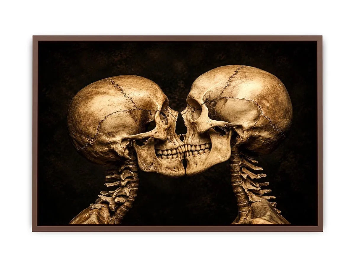Dark gothic artwork featuring two human skeletons facing each other in an intimate kiss