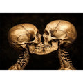 Dark gothic artwork featuring two human skeletons facing each other in an intimate kiss