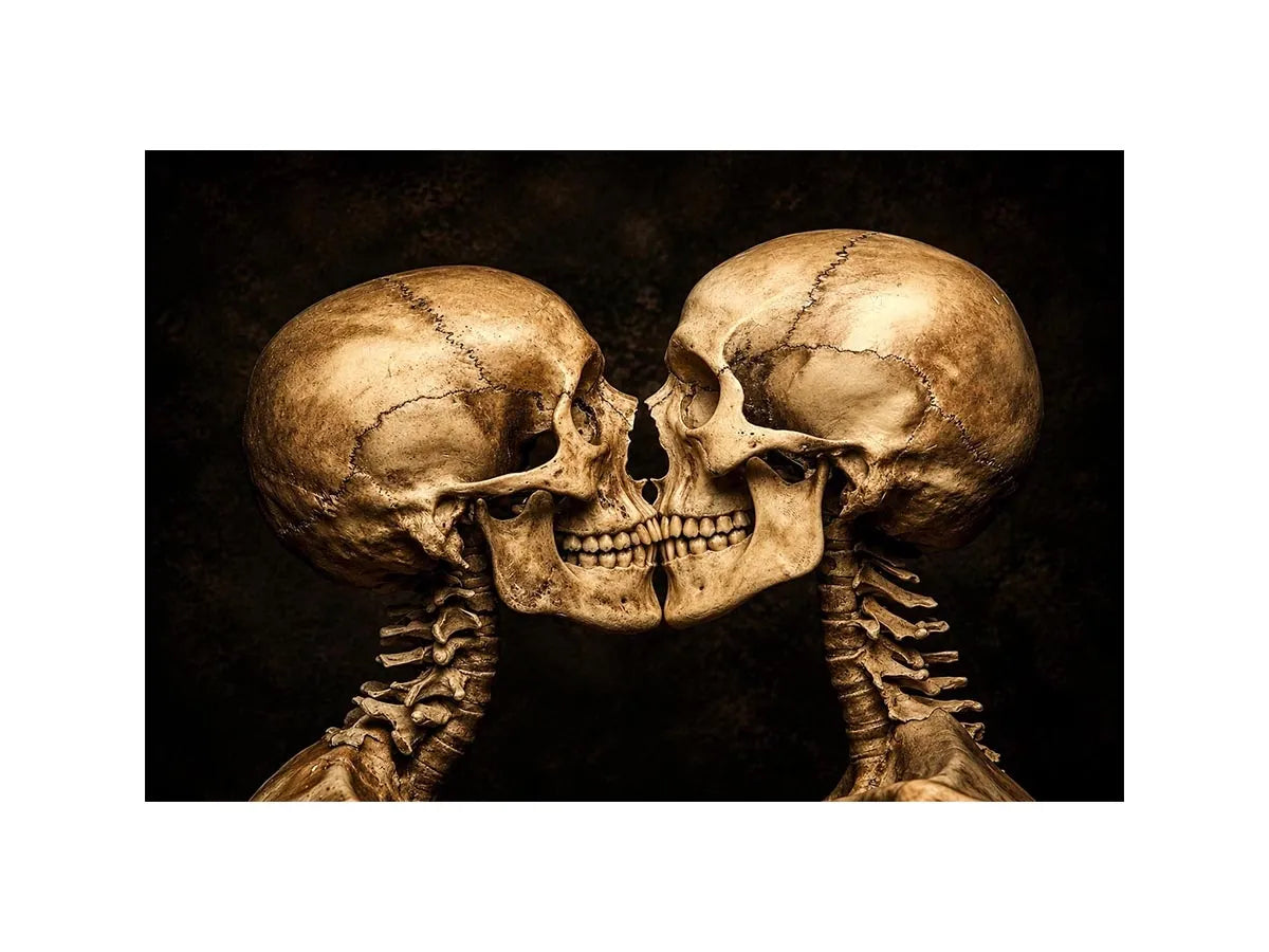 Dark gothic artwork featuring two human skeletons facing each other in an intimate kiss