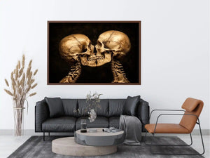 Dark gothic artwork featuring two human skeletons facing each other in an intimate kiss