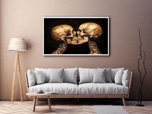 Dark gothic artwork featuring two human skeletons facing each other in an intimate kiss