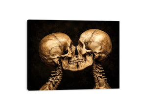 Dark gothic artwork featuring two human skeletons facing each other in an intimate kiss