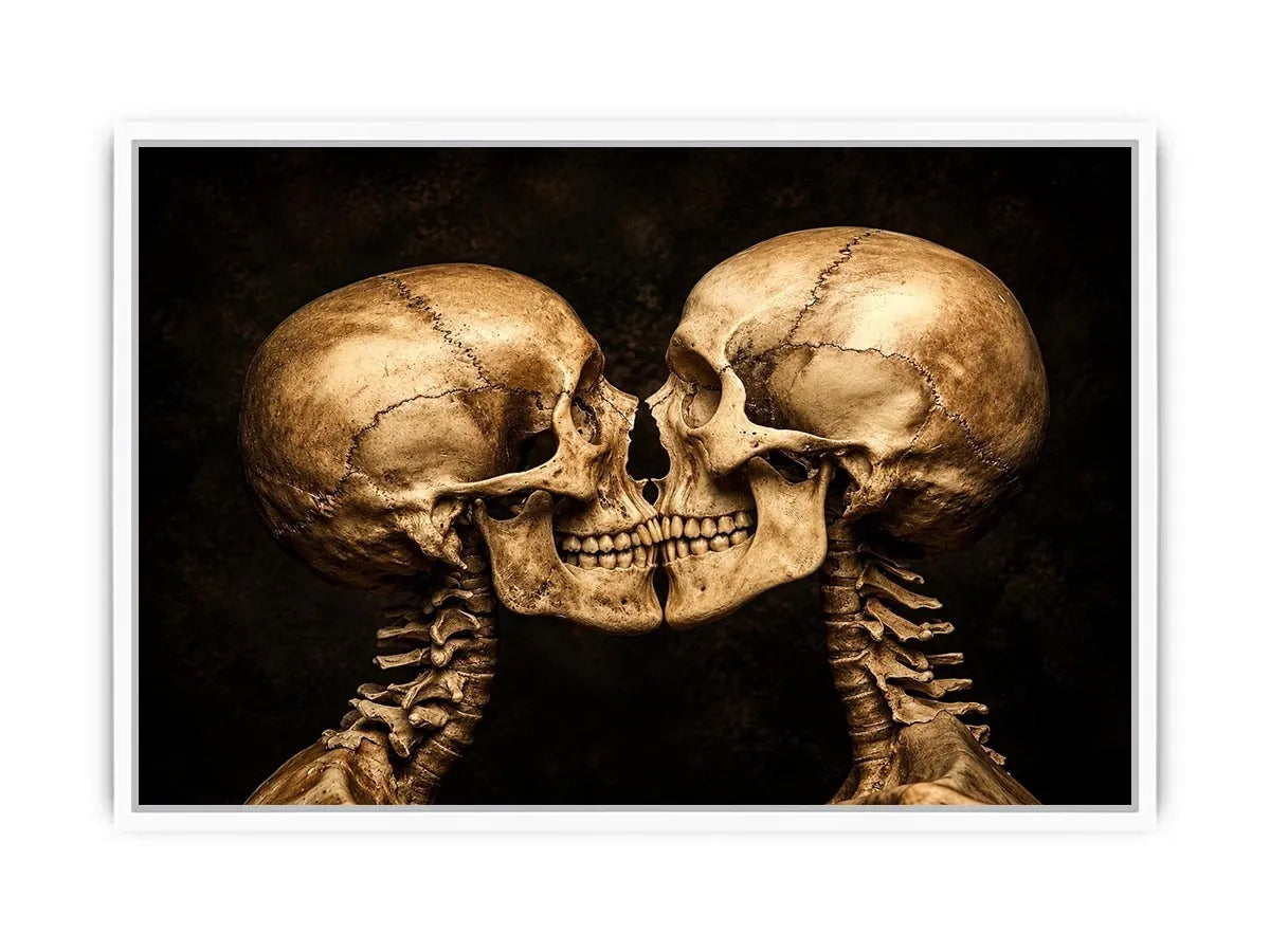 Dark gothic artwork featuring two human skeletons facing each other in an intimate kiss