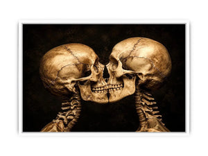 Dark gothic artwork featuring two human skeletons facing each other in an intimate kiss