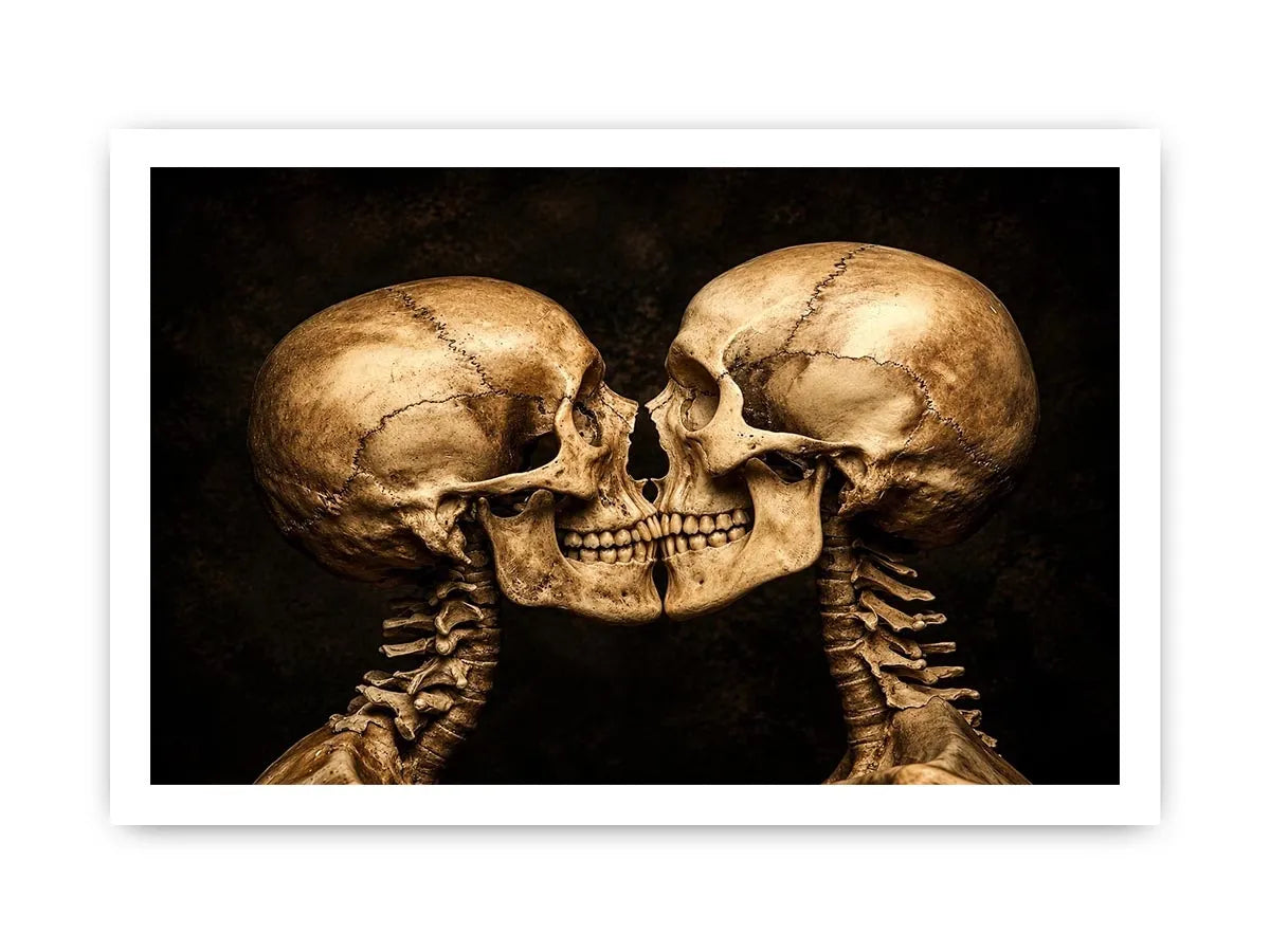 Dark gothic artwork featuring two human skeletons facing each other in an intimate kiss