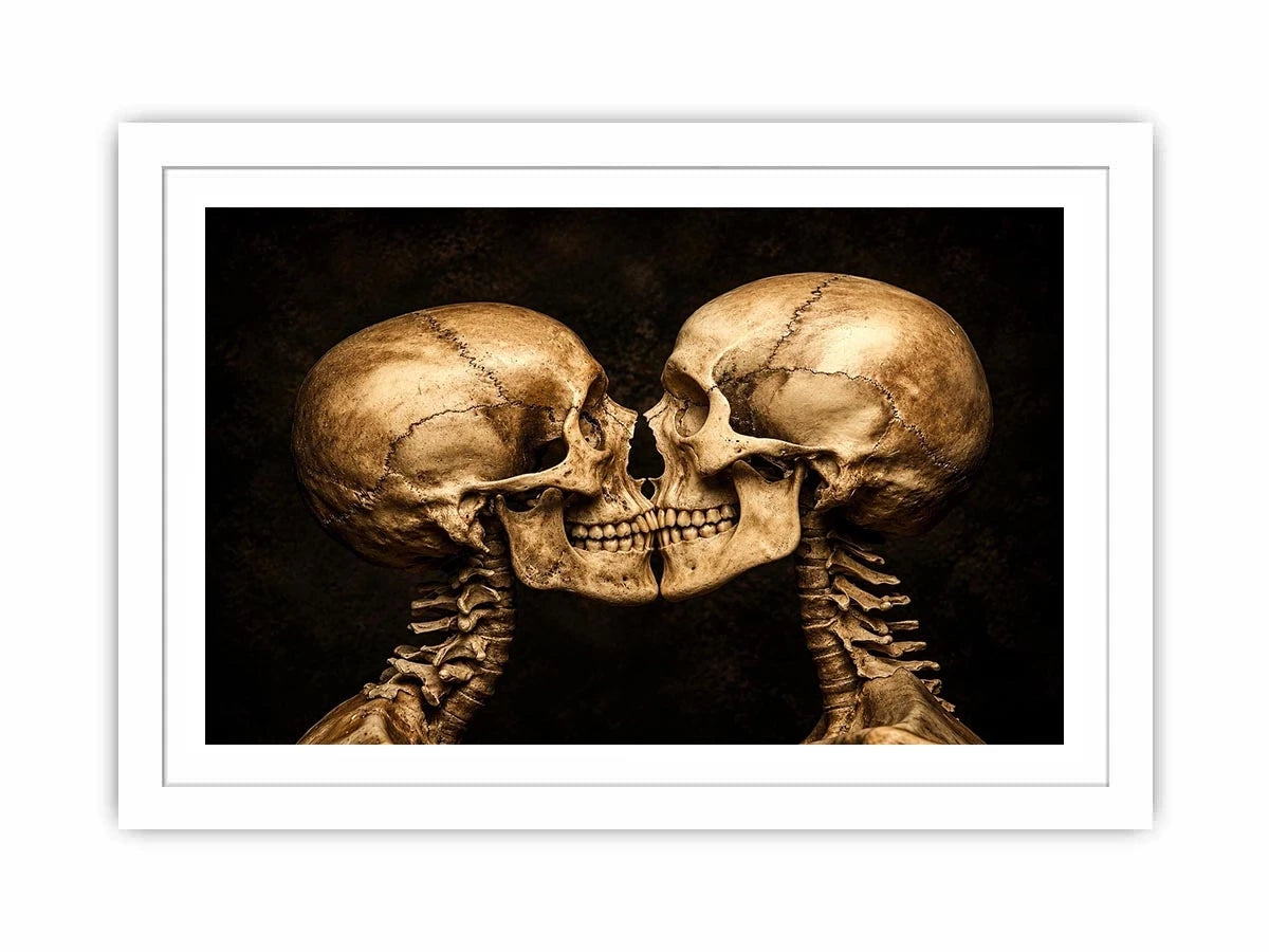 Dark gothic artwork featuring two human skeletons facing each other in an intimate kiss