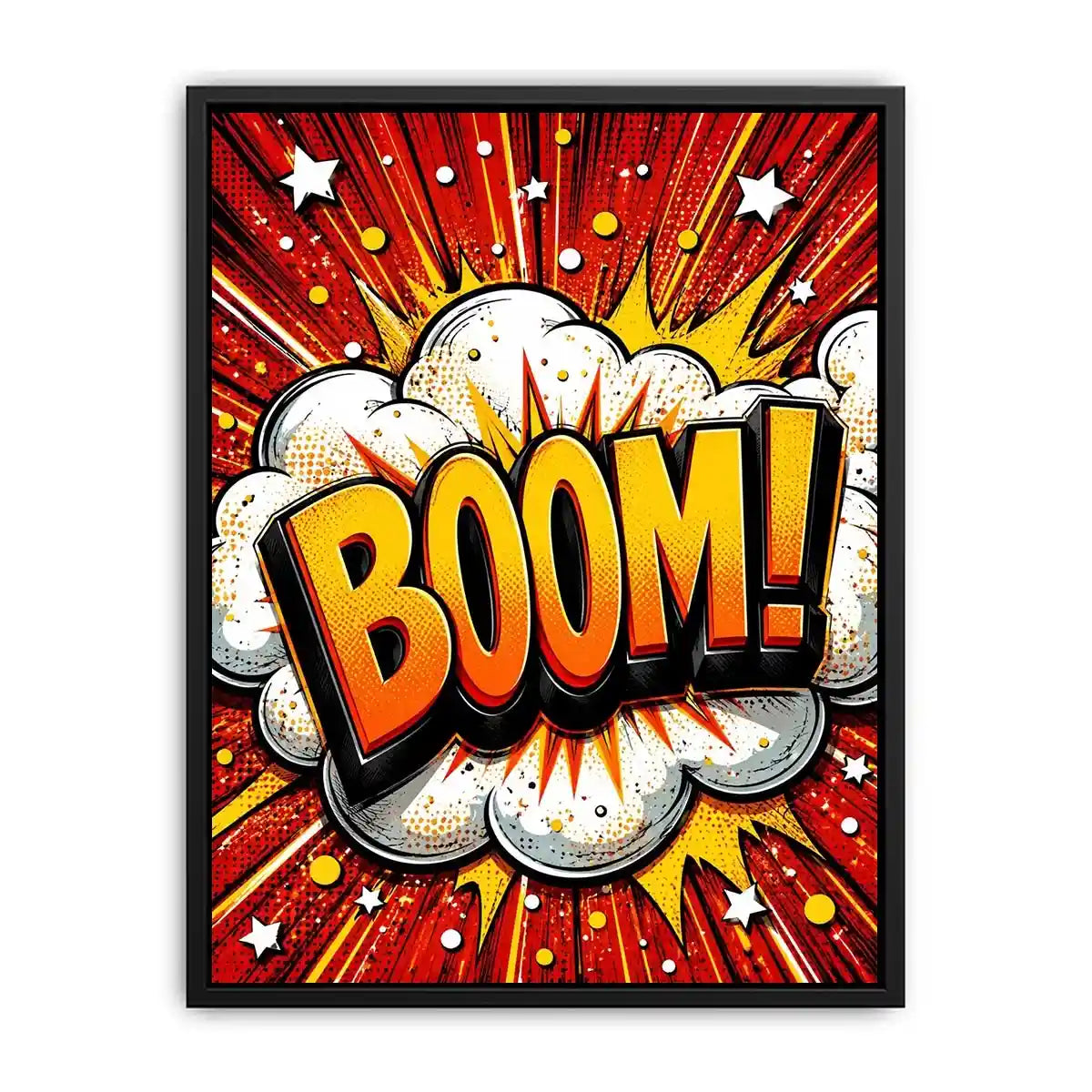 Colorful comic book style artwork featuring the word BOOM inside a bright explosive pop art design