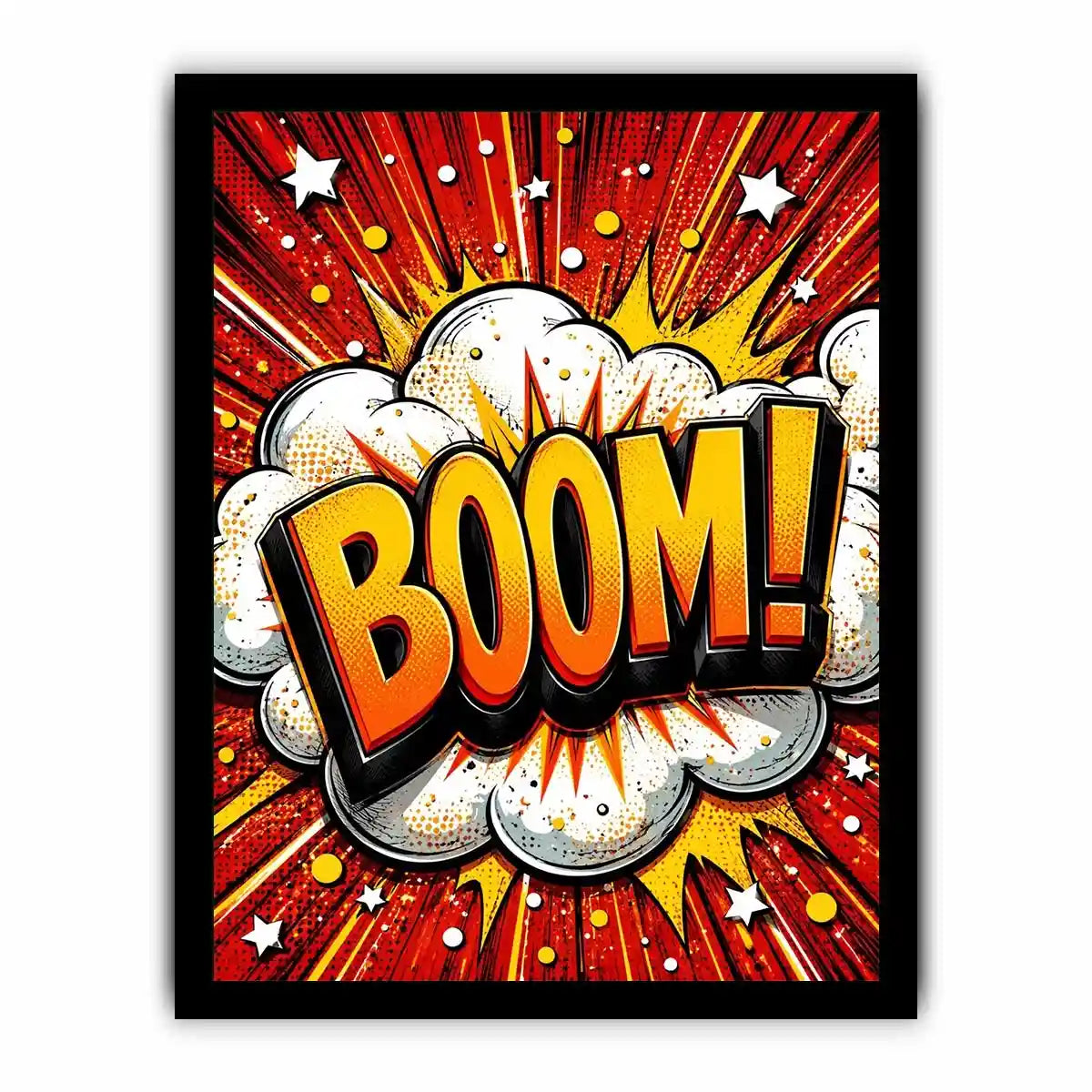 Colorful comic book style artwork featuring the word BOOM inside a bright explosive pop art design
