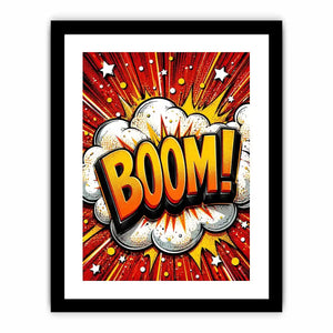 Colorful comic book style artwork featuring the word BOOM inside a bright explosive pop art design