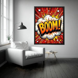 Colorful comic book style artwork featuring the word BOOM inside a bright explosive pop art design