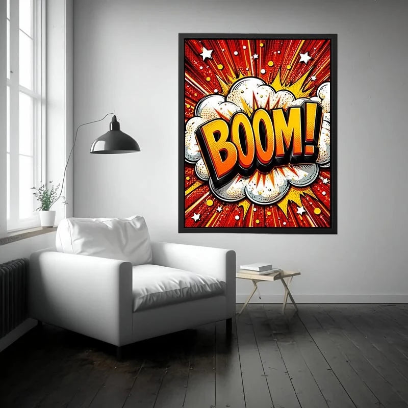 Colorful comic book style artwork featuring the word BOOM inside a bright explosive pop art design