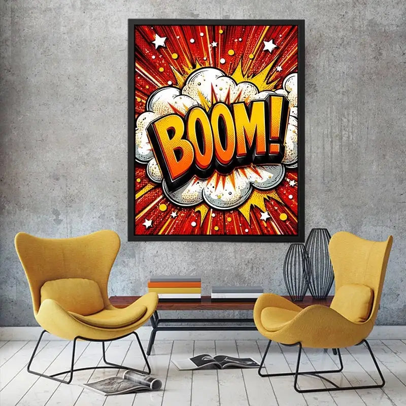 Colorful comic book style artwork featuring the word BOOM inside a bright explosive pop art design