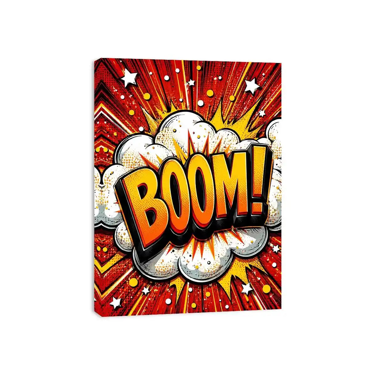 Colorful comic book style artwork featuring the word BOOM inside a bright explosive pop art design