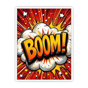 Colorful comic book style artwork featuring the word BOOM inside a bright explosive pop art design