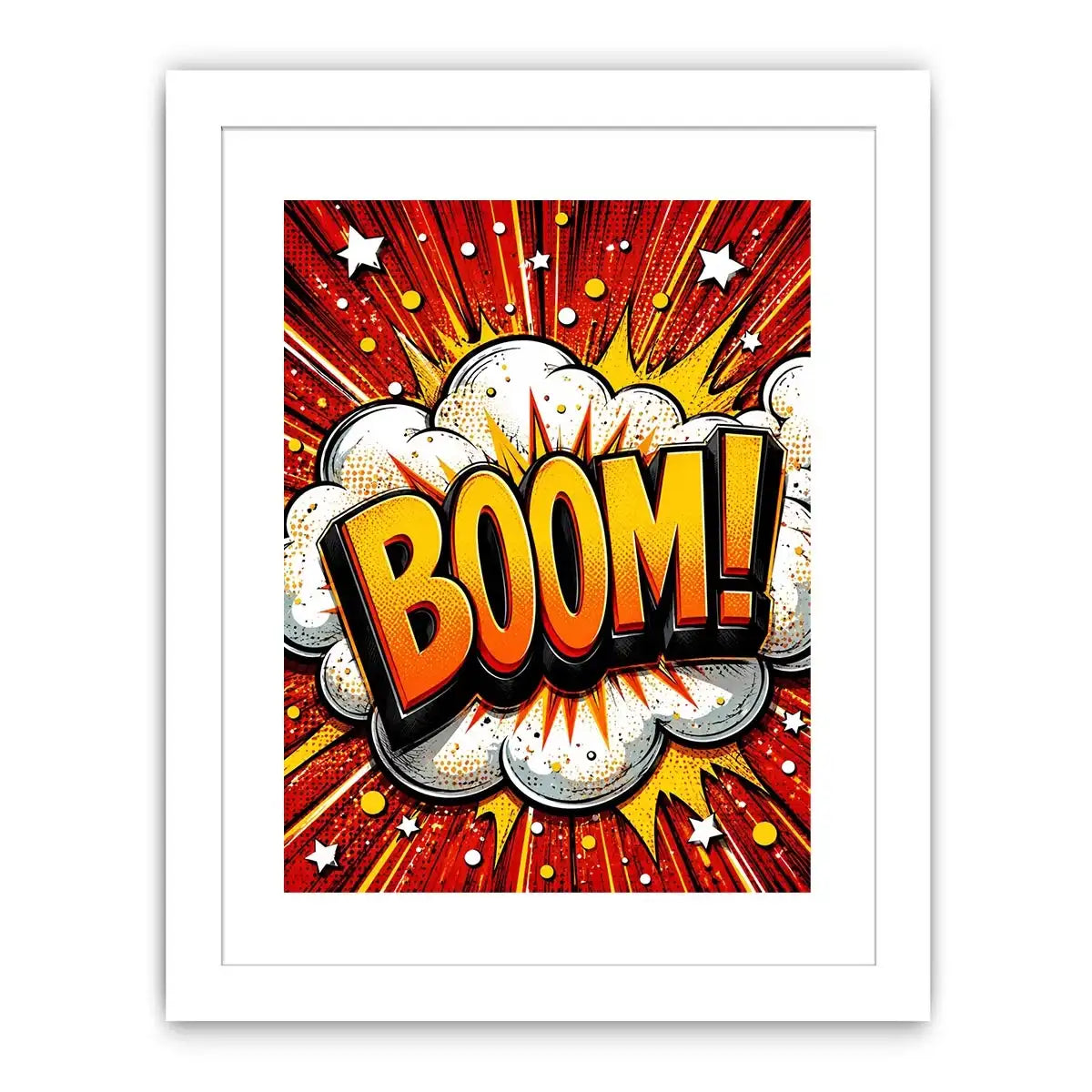 Colorful comic book style artwork featuring the word BOOM inside a bright explosive pop art design
