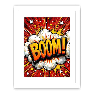 Colorful comic book style artwork featuring the word BOOM inside a bright explosive pop art design