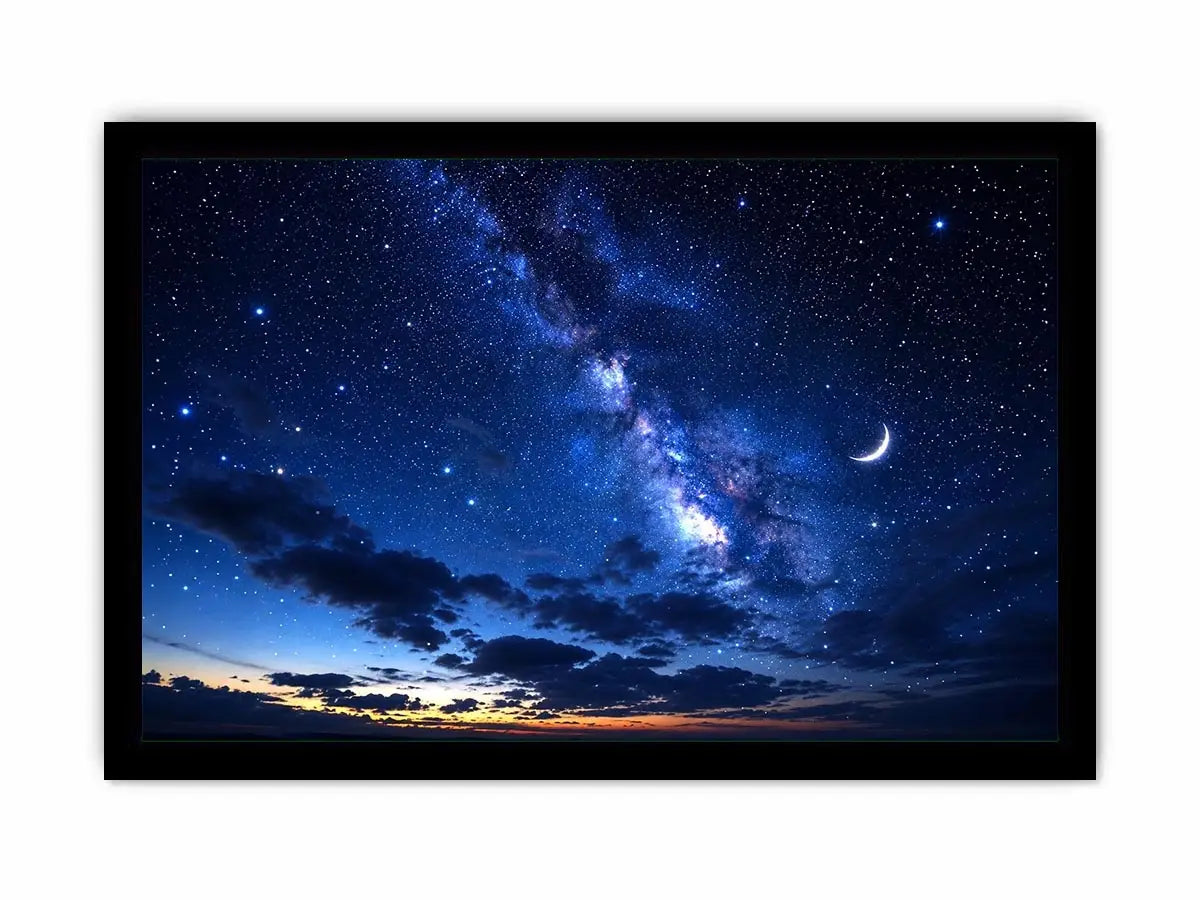 Peaceful night sky artwork featuring a crescent moon glowing among countless stars and deep blue clouds
