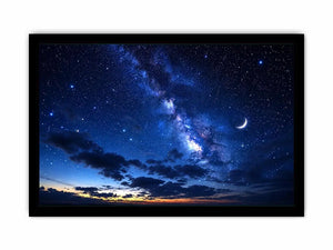 Peaceful night sky artwork featuring a crescent moon glowing among countless stars and deep blue clouds