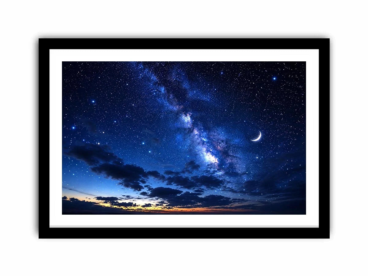 Peaceful night sky artwork featuring a crescent moon glowing among countless stars and deep blue clouds