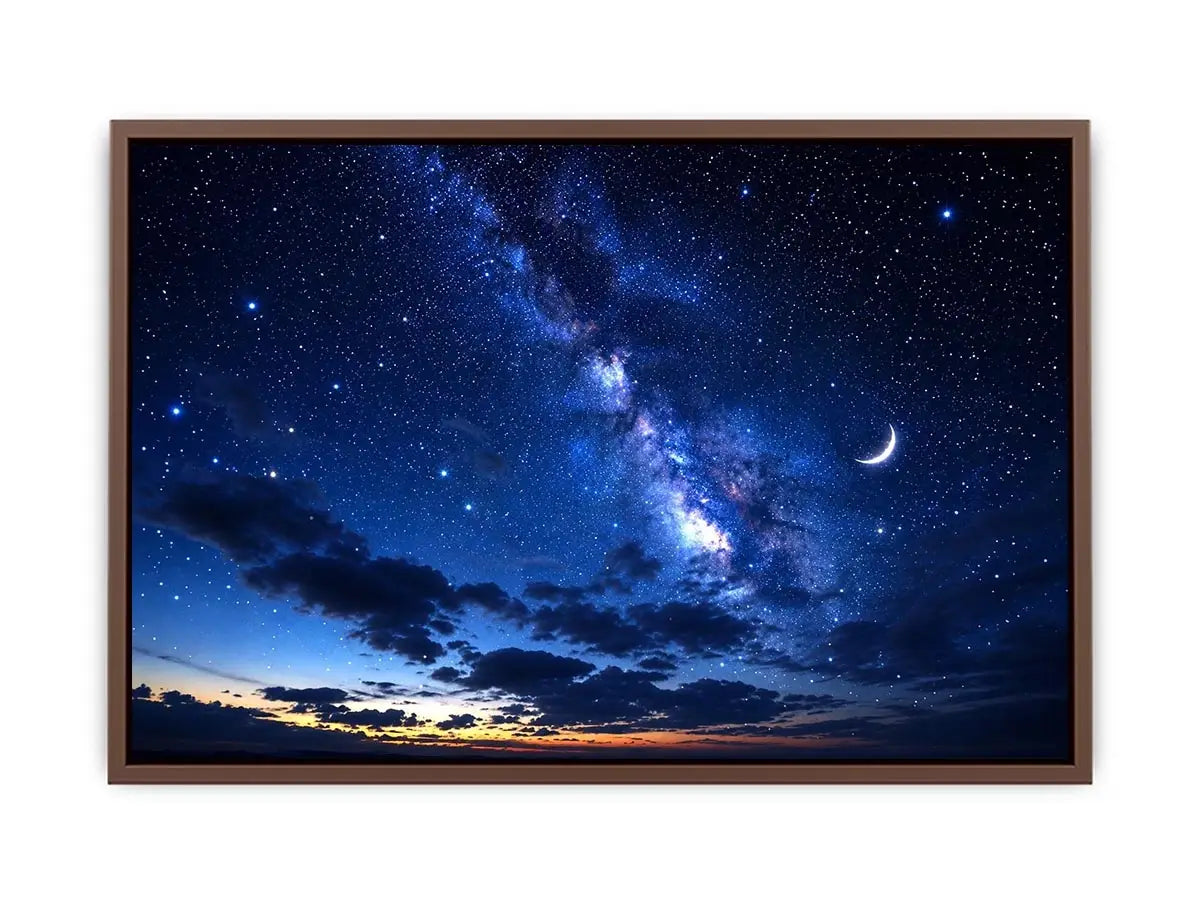 Peaceful night sky artwork featuring a crescent moon glowing among countless stars and deep blue clouds