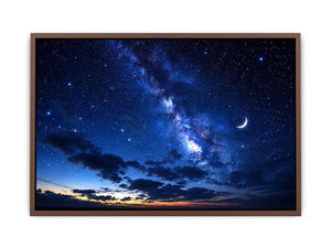Peaceful night sky artwork featuring a crescent moon glowing among countless stars and deep blue clouds