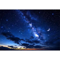 Peaceful night sky artwork featuring a crescent moon glowing among countless stars and deep blue clouds